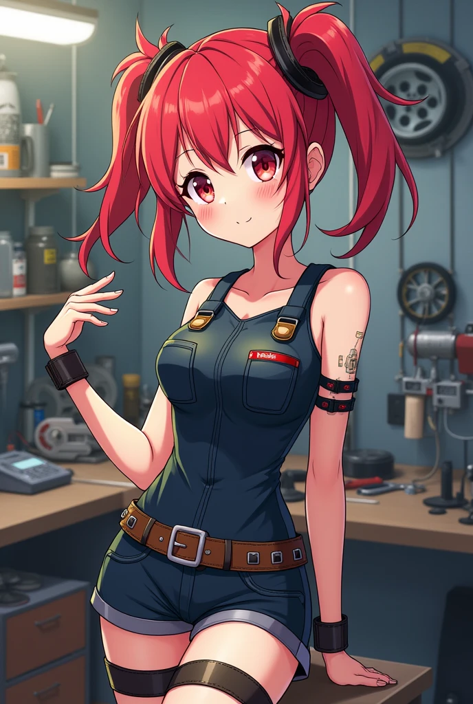 An anime girl with red hair who's a gearhead.

