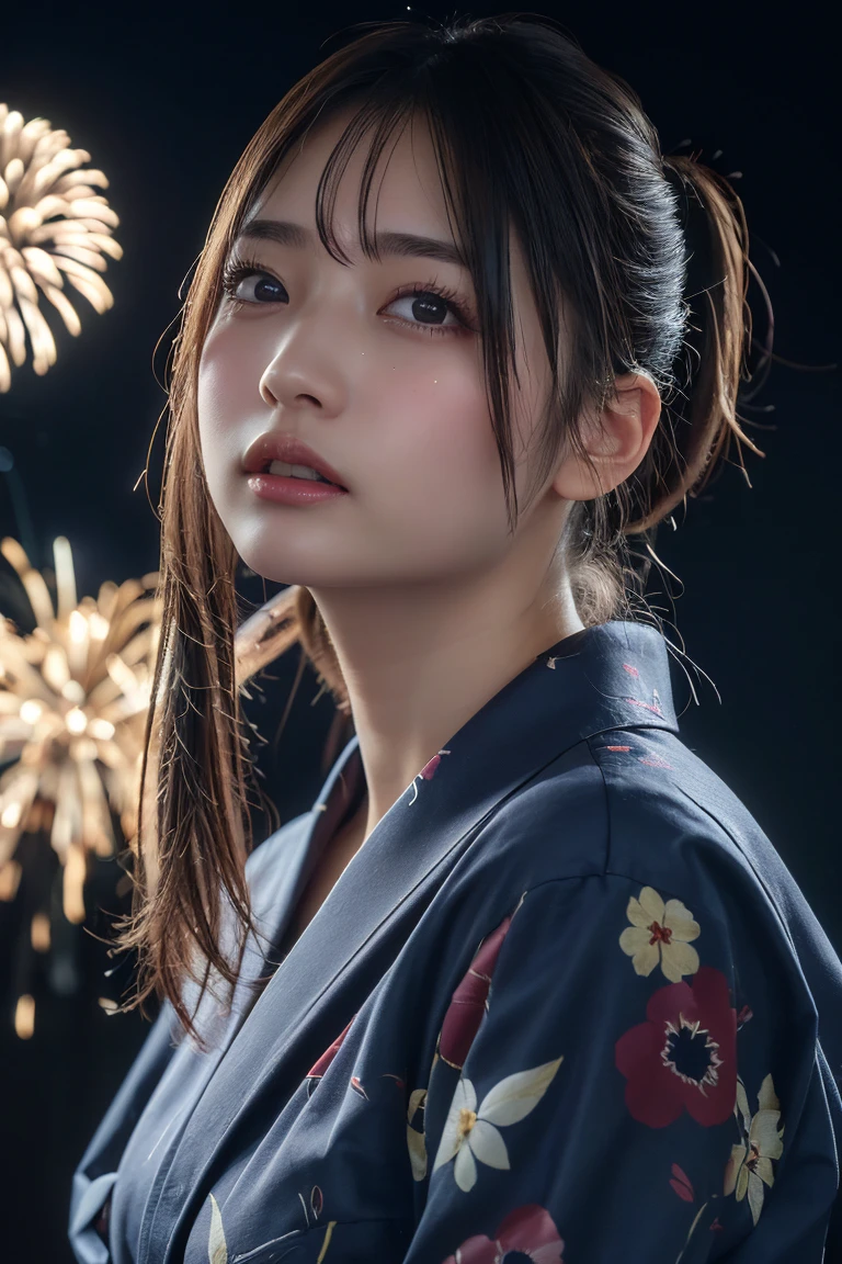(Highest quality:1.4),(masterpiece:1.4),(Realistic:1.4),(Realistic:1.2),(超High resolution, RAW Photos:1.4),(High resolution, Very detailed:1.2),(8k:1.2), Finer details, (Beautiful single woman))), Very detailed目と顔, firework, yukata, looking up at firework, ponytail, Large tear bags, double eyelid