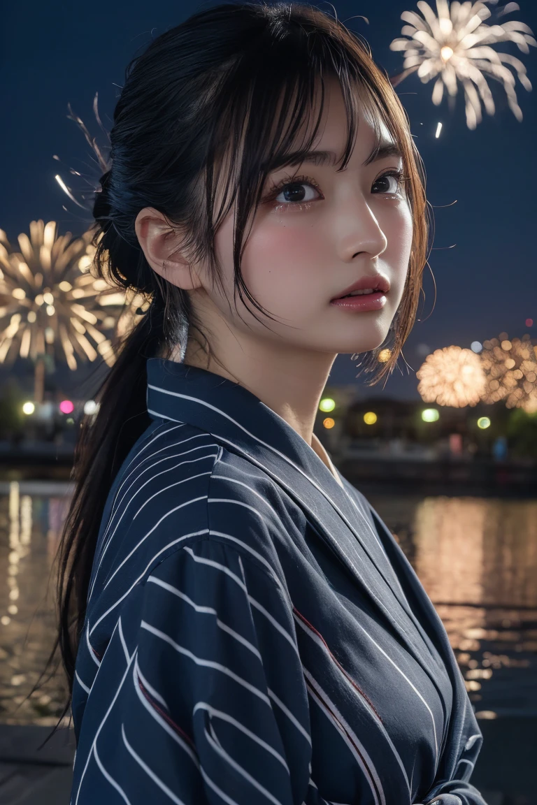(Highest quality:1.4),(masterpiece:1.4),(Realistic:1.4),(Realistic:1.2),(超High resolution, RAW Photos:1.4),(High resolution, Very detailed:1.2),(8k:1.2), Finer details, (Beautiful single woman))), Very detailed目と顔, firework, yukata, looking up at firework, ponytail, Large tear bags, double eyelid