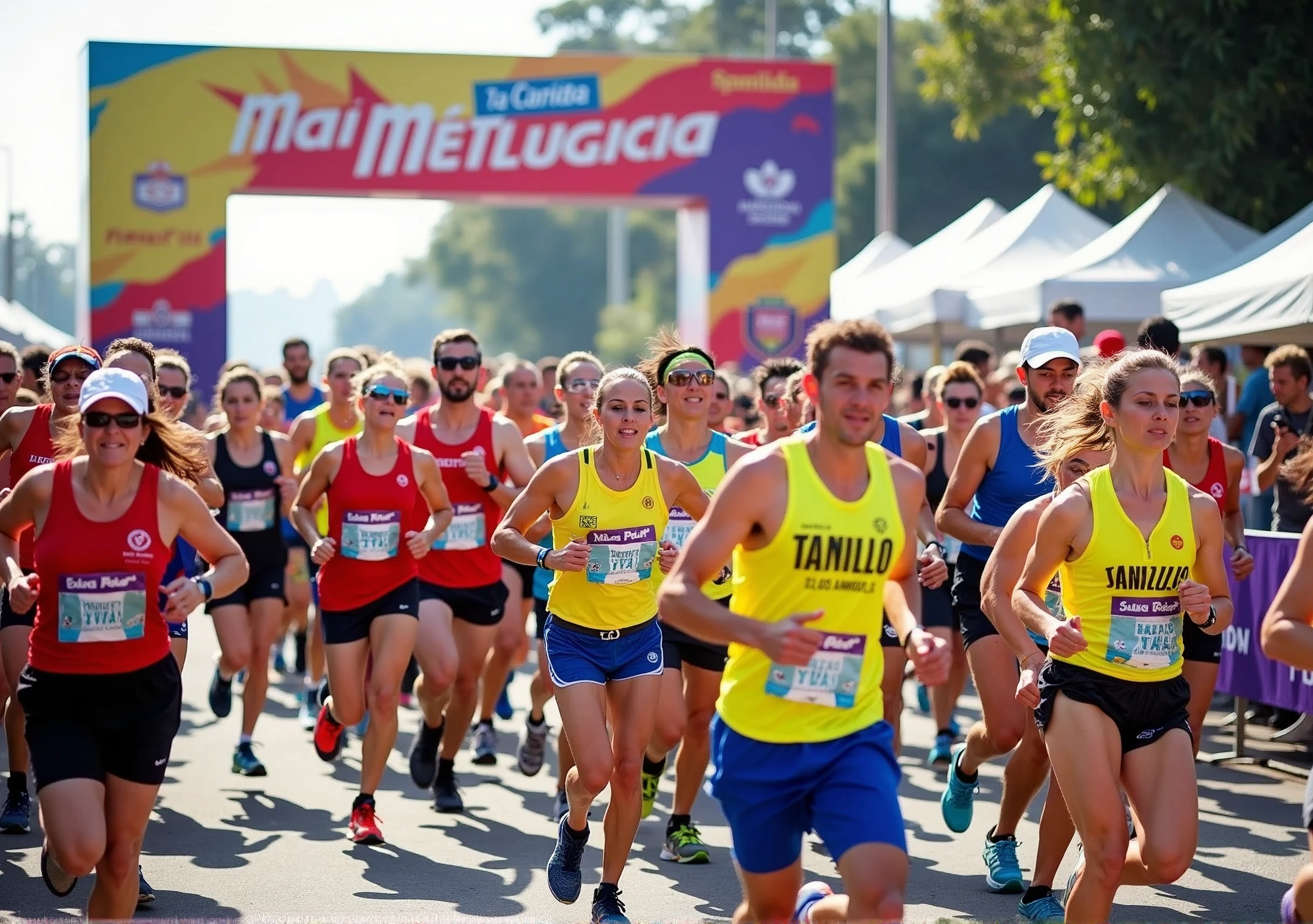 A high-quality photo of a large group of Brazilian people running in a marathon during the daytime. The runners, wearing a variety of colorful athletic gear, are in mid-stride, with expressions of focus and determination. sunlight dapples the ground, creating dynamic shadows. The scene is lively with spectators cheering from the sidelines, and the overall atmosphere is energetic and celebratory. Text written on banner "1ª Corrida Metelurgica"