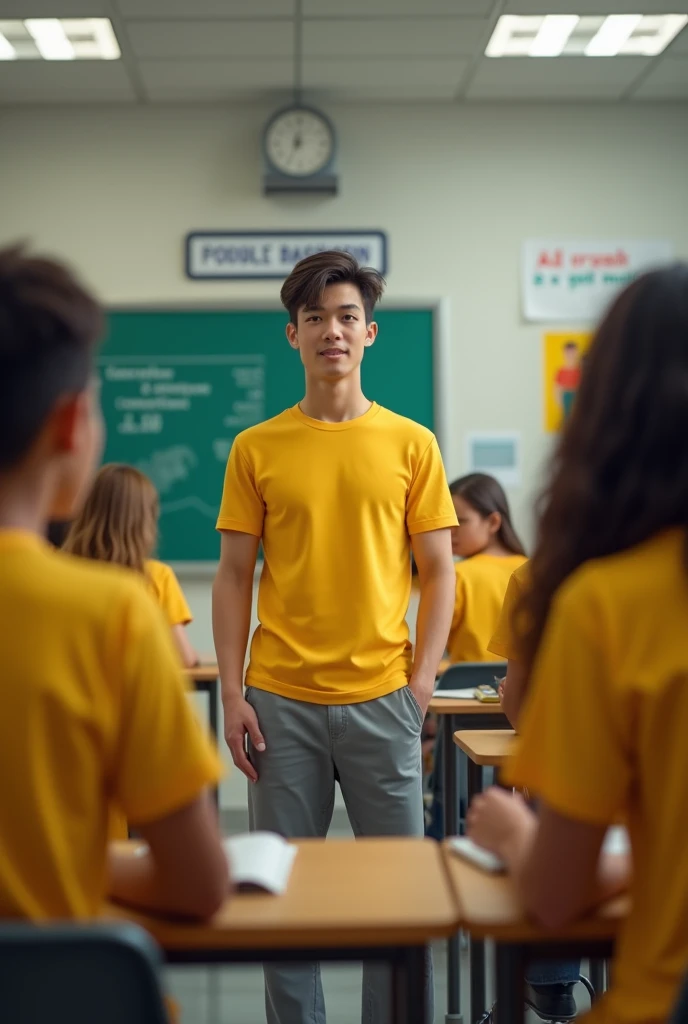 Draw a young man wearing a yellow t-shirt and grey pants talking to agers wearing yellow uniforms in a classroom.