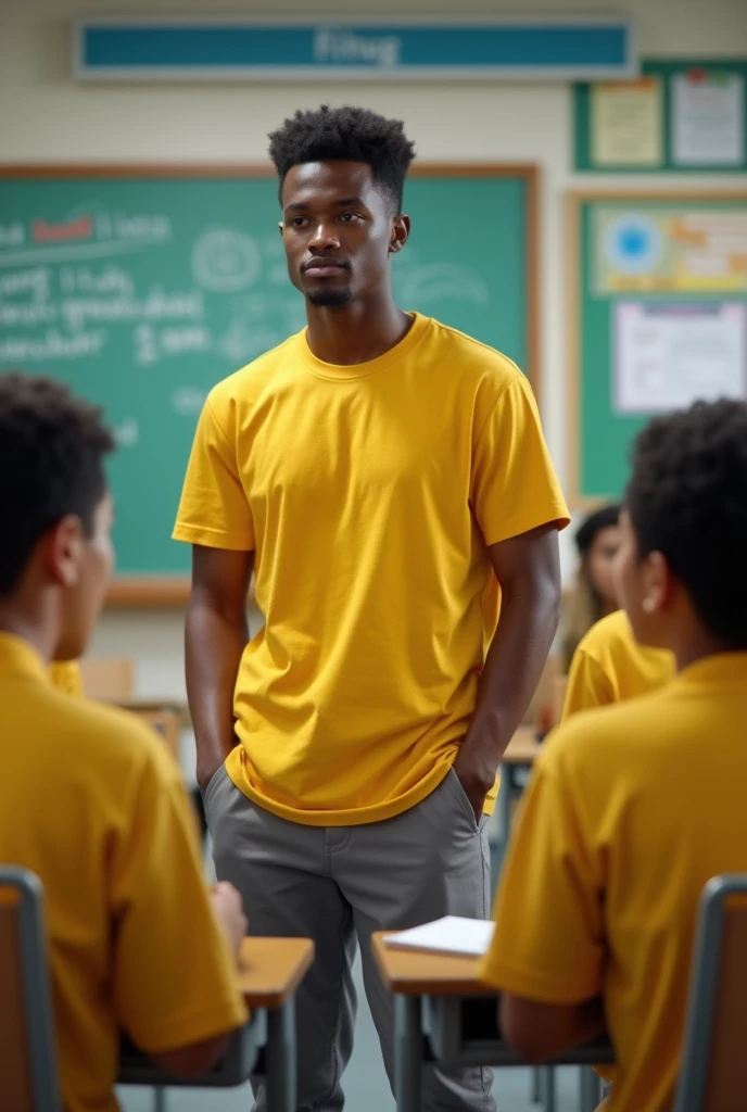 Draw a young man wearing a yellow t-shirt and grey pants talking to agers wearing yellow uniforms in a classroom.