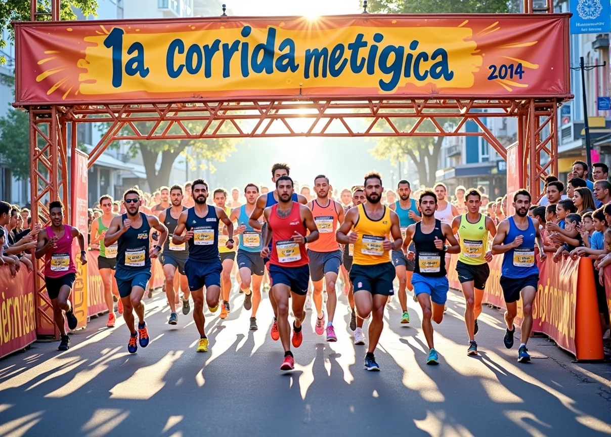 A high-quality photo of a large group of Brazilian people running in a marathon during the daytime. The runners, wearing a variety of colorful athletic gear, are in mid-stride, with expressions of focus and determination. sunlight dapples the ground, creating dynamic shadows. The scene is lively with spectators cheering from the sidelines, and the overall atmosphere is energetic and celebratory. Text written on banner "1ª Corrida Metelurgica"