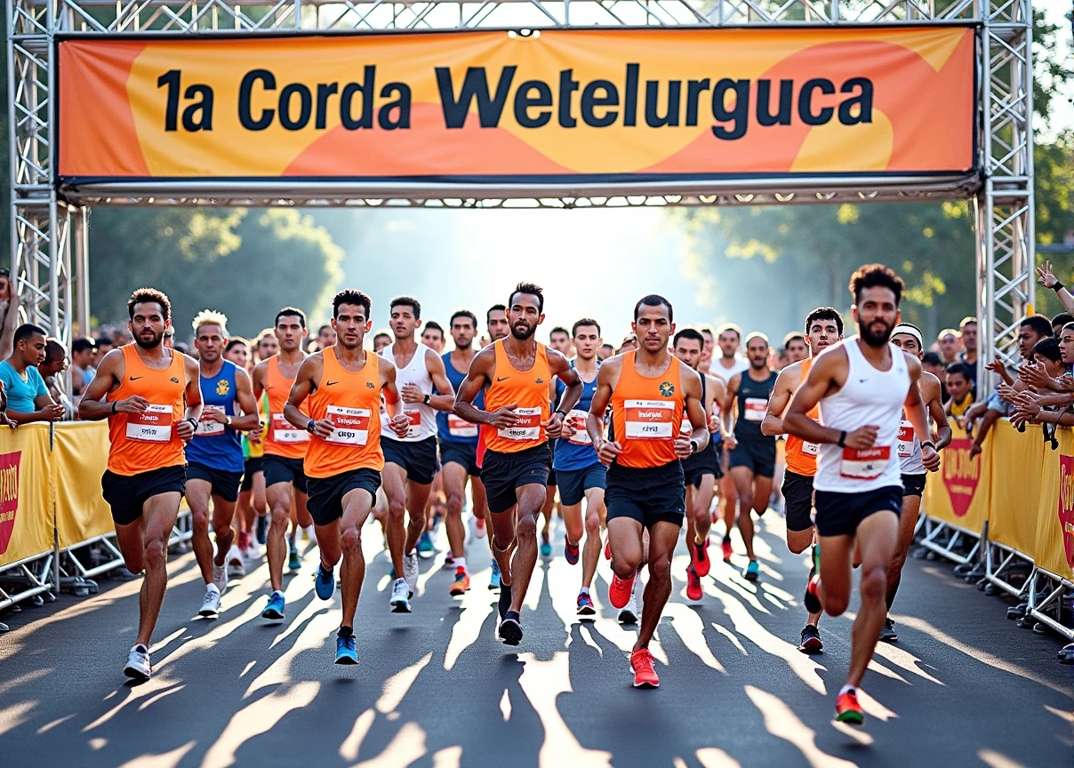 A high-quality photo of a large group of Brazilian people running in a marathon during the daytime. The runners, wearing a variety of colorful athletic gear, are in mid-stride, with expressions of focus and determination. sunlight dapples the ground, creating dynamic shadows. The scene is lively with spectators cheering from the sidelines, and the overall atmosphere is energetic and celebratory. Text written on banner "1ª Corrida Metelurgica"