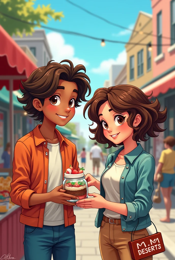 Write on image "M.M DESERTS" along with an illustrative drawing of a boy with a girl holding a jar of dessert in their hands in a street sales scenario, has long wavy hair and brown skin while has brown skin and short curly hair..