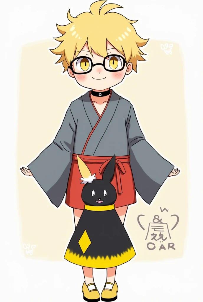 Blond man。has fluffy, unique short hair。
has upturned eyes but shows kindness。Yellow Eyes。wearing oval-shaped glasses。wearing a modern kimono with a top that is a gray-ish blue color with a red waist sash tied in a bow。Below is a comical person。wearing a black garment on top with a yellow sash。the hem is yellow with a yellow diamond shape attached。shoes are solid yellow。black choker with a fluffy tail-like accessory that graduates from white to yellow。full of jokes。
