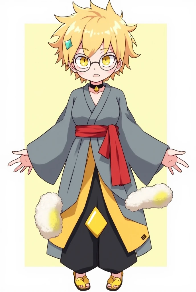 Blond man。has fluffy, unique short hair。
has upturned eyes but shows kindness。Yellow Eyes。wearing oval-shaped glasses。wearing a modern kimono with a top that is a gray-ish blue color with a red waist sash tied in a bow。Below is a comical person。wearing a black garment on top with a yellow sash。the hem is yellow with a yellow diamond shape attached。shoes are solid yellow。black choker with a fluffy tail-like accessory that graduates from white to yellow。full of jokes。