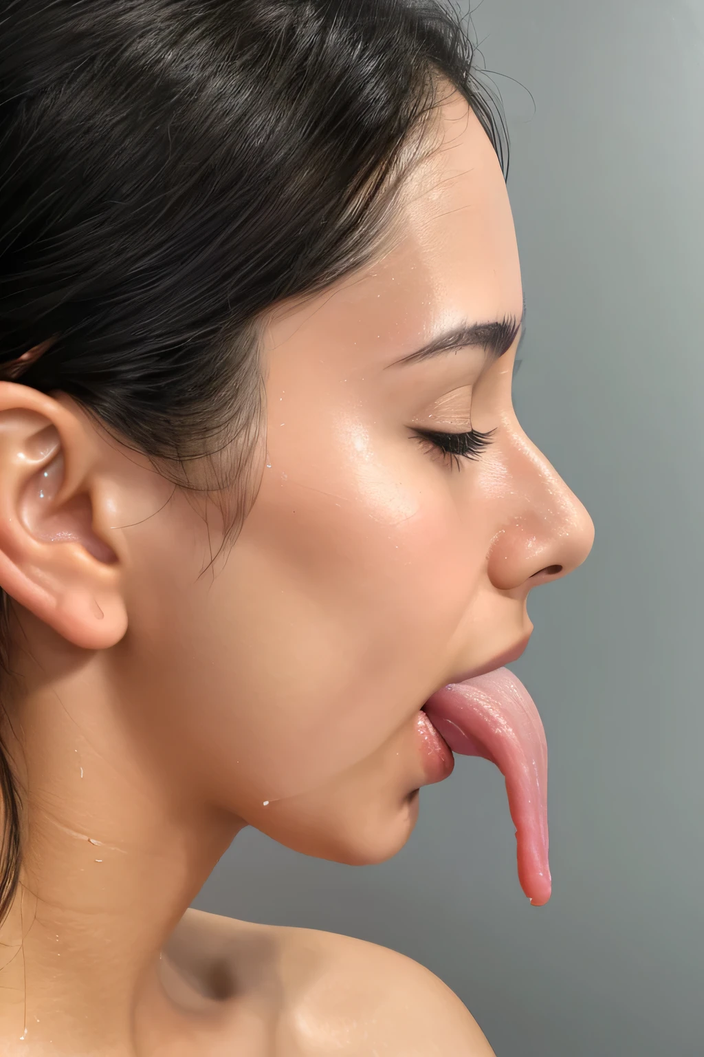 Taylor Hill、High resolution realistic photos,8k,Realistic skin texture,to be born々New People々々々々々,1 person,Tabletop,,Awards - Winning Photos, Very detailed, close your eyes, Nose and mouth,Face Focus, Extreme close up of face、Woman with open mouth and close your eyes, Black camisole、20-year-old,Black-haired、Symmetrical face,Realistic nostrils、Angle from below、Elongated C-shaped nostrils,((Gray background))、Sweaty skin、Lighting that highlights glowing skin caused by sweat、((Sharp Nose))Skin shiny with sweat、Glowing Skin、Sweaty hair、sunlight、(Brow wrinkles)((Frowning))(cum on tongue)、Deep Kiss、((Thin eyebrows))((Oily skin、Glowing Skin))、double eyelid、Wet and shiny tongue、Tied Hair、updo、Lift your head(((Long Tongue, Saliva trace)))((Super wet skin))((Visible profile of the nasal septum,nasal septum,profile))