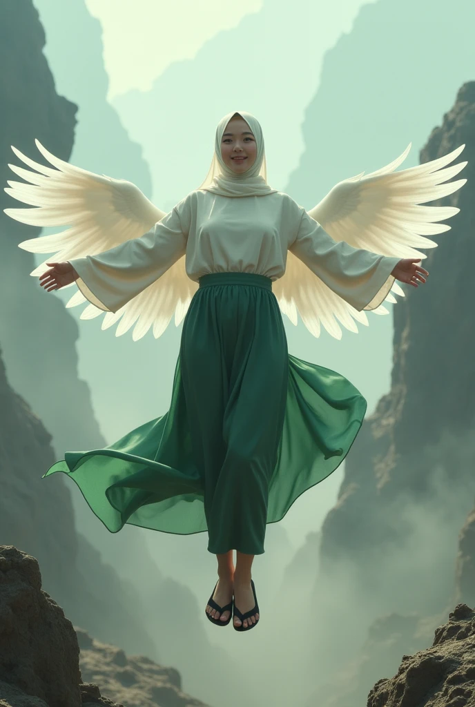 (A realistic image of.2)  beautiful asian woman with oval face and wearing islamic veil and weight 77 kilograms and wearing white long sleeve shirt and green skirt and wearing black trousers and flying in the air and both hands spread wide and have wings made of light and big plump breasts and chest bulge looks very big and there is thick smoke and wearing flip flops and in a big rocky wilderness and a thin smile