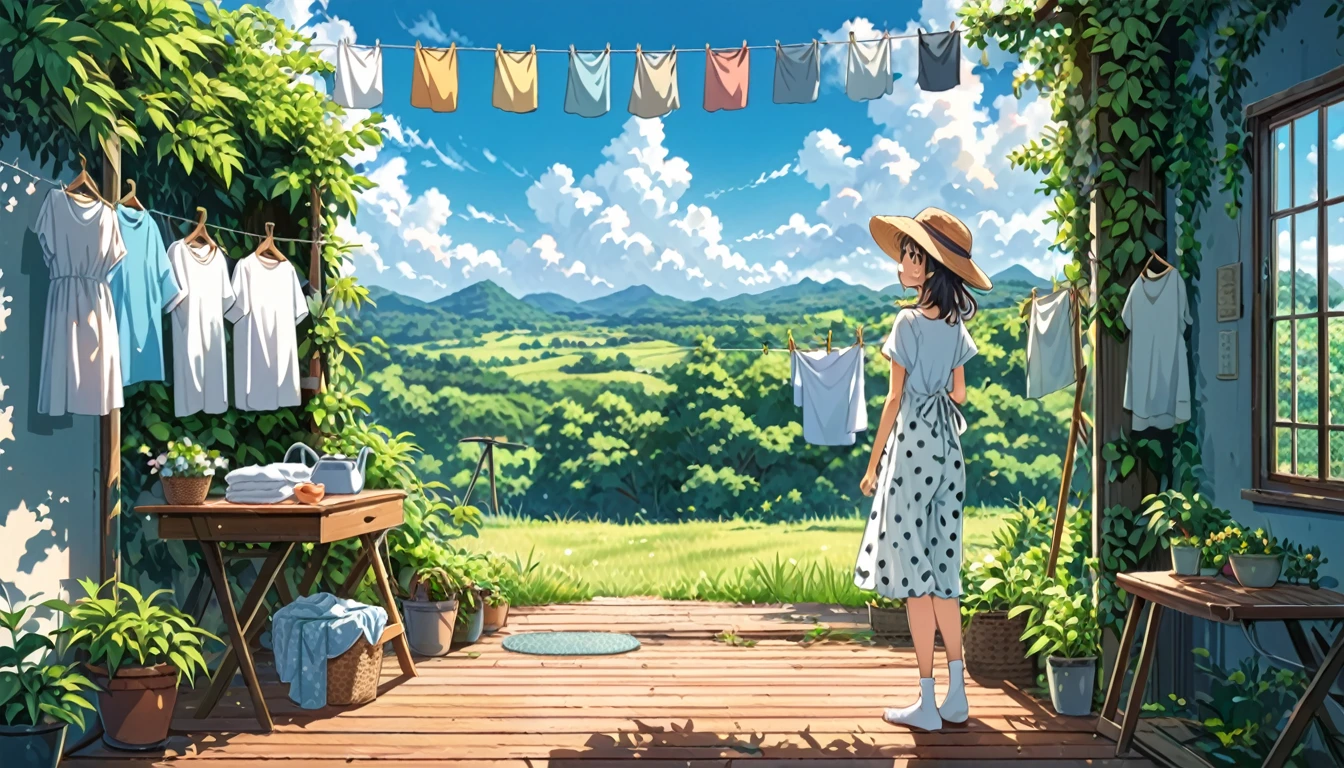 A peaceful summer scene in anime style, featuring a young woman in a sundress and wide-brimmed hat standing next to a clothesline. Clothes hanging to dry include a t-shirt, socks, and polka dot pants. Lush green foliage frames the scene, with a bright blue sky and fluffy white clouds in the background. The lighting is warm and soft, creating a relaxing atmosphere. High-quality, detailed artwork with vibrant colors.