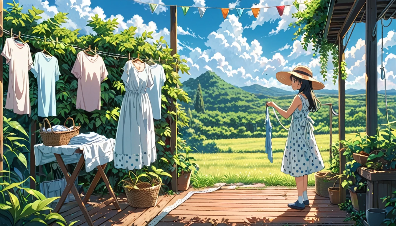 A peaceful summer scene in anime style, featuring a young woman in a sundress and wide-brimmed hat standing next to a clothesline. Clothes hanging to dry include a t-shirt, socks, and polka dot pants. Lush green foliage frames the scene, with a bright blue sky and fluffy white clouds in the background. The lighting is warm and soft, creating a relaxing atmosphere. High-quality, detailed artwork with vibrant colors.