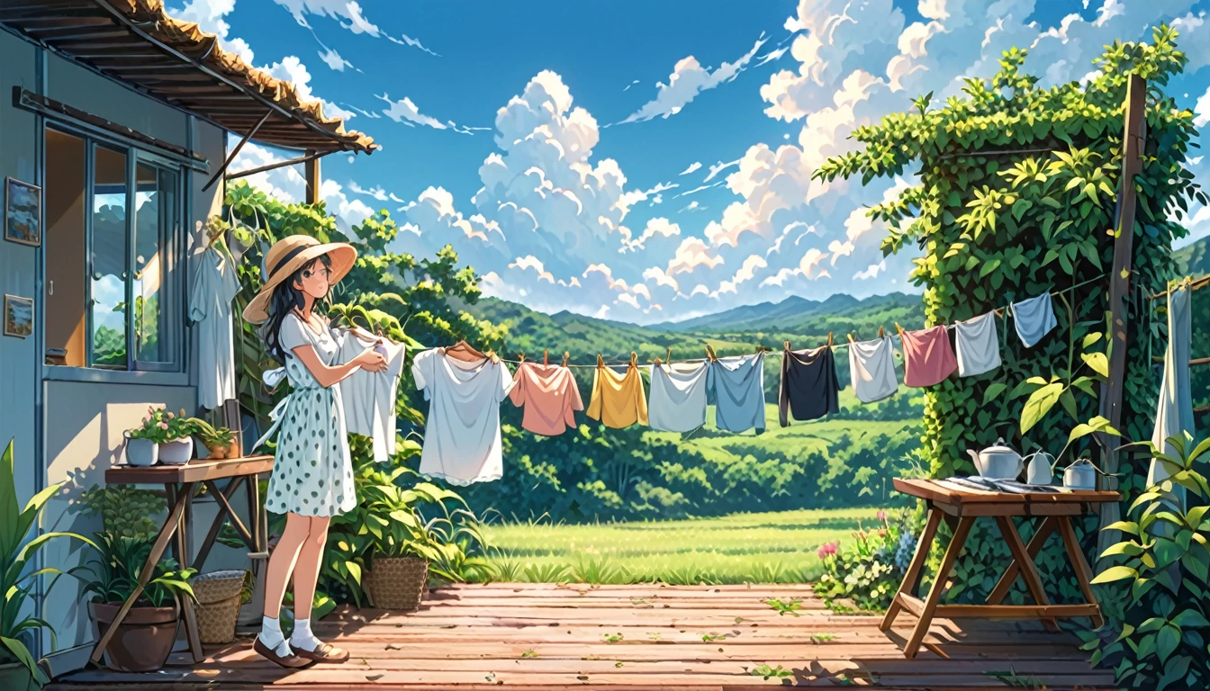 A peaceful summer scene in anime style, featuring a young woman in a sundress and wide-brimmed hat standing next to a clothesline. Clothes hanging to dry include a t-shirt, socks, and polka dot pants. Lush green foliage frames the scene, with a bright blue sky and fluffy white clouds in the background. The lighting is warm and soft, creating a relaxing atmosphere. High-quality, detailed artwork with vibrant colors.