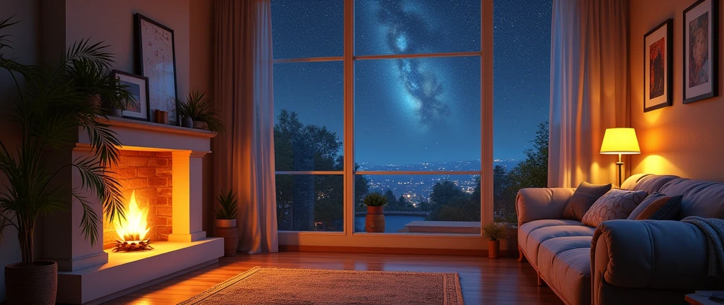 stars appearing in the window, a brightly lit living room with a fireplace and sofa, cozy home background, detailed lighting and textures, cozy living room background, cozy place, cozy wallpaper, cozy and calm, cozy envirnment, cozy envirnment, Detailed textures and lighting, cozy room, interior background art, Personal room background, cozy atmospheric, cozy and peaceful environment, relaxing concept art