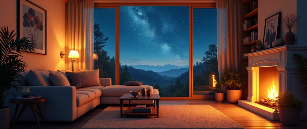 stars appearing in the window, a brightly lit living room with a fireplace and sofa, cozy home background, detailed lighting and textures, cozy living room background, cozy place, cozy wallpaper, cozy and calm, cozy envirnment, cozy envirnment, Detailed textures and lighting, cozy room, interior background art, Personal room background, cozy atmospheric, cozy and peaceful environment, relaxing concept art