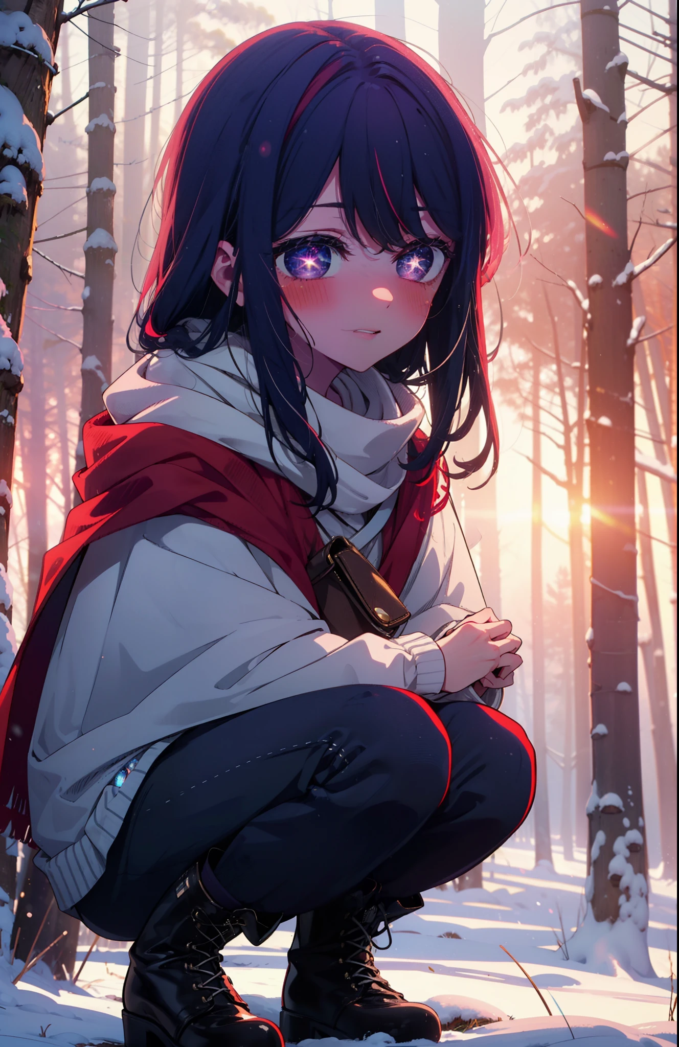 aihoshino, Ai Hoshino, Long Hair, bangs, (Purple eyes:1.1), Purple Hair, (Symbol-shaped pupil:1.5), smile,,smile,blush,white breath,
Open your mouth,snow,Ground bonfire, Outdoor, boots, snowing, From the side, wood, suitcase, Cape, Blurred, , forest, White handbag, nature, Squat, Mouth closed, Cape, winter, Written boundary depth, Black shoes, red Cape break looking at viewer, Upper Body, whole body, break Outdoor, forest, nature, break (masterpiece:1.2), Highest quality, High resolution, unity 8k wallpaper, (shape:0.8), (Beautiful and beautiful eyes:1.6), Highly detailed face, Perfect lighting, Extremely detailed CG, (Perfect hands, Perfect Anatomy),