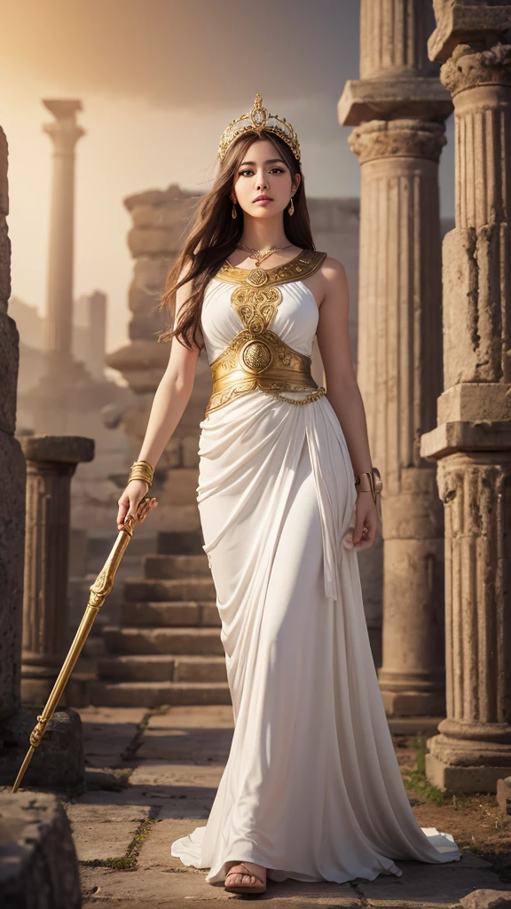 Create a highly detailed and realistic image of the Greek goddess Athena standing amidst ancient ruins. She is dressed in flowing, elegant white robes, with a golden trim, and holds a shield emblazoned with the face of Medusa in one hand. In her other hand, she wields a long spear with a golden tip. Athena's expression is calm and resolute, and she wears a golden helmet adorned with a red plume. A wise owl flies near her, symbolizing wisdom, and the background features the remnants of an ancient temple, with columns and stone debris, bathed in soft, ethereal light. The overall atmosphere is serene and powerful, with a subtle mist enveloping the scene, adding a mystical quality to the image