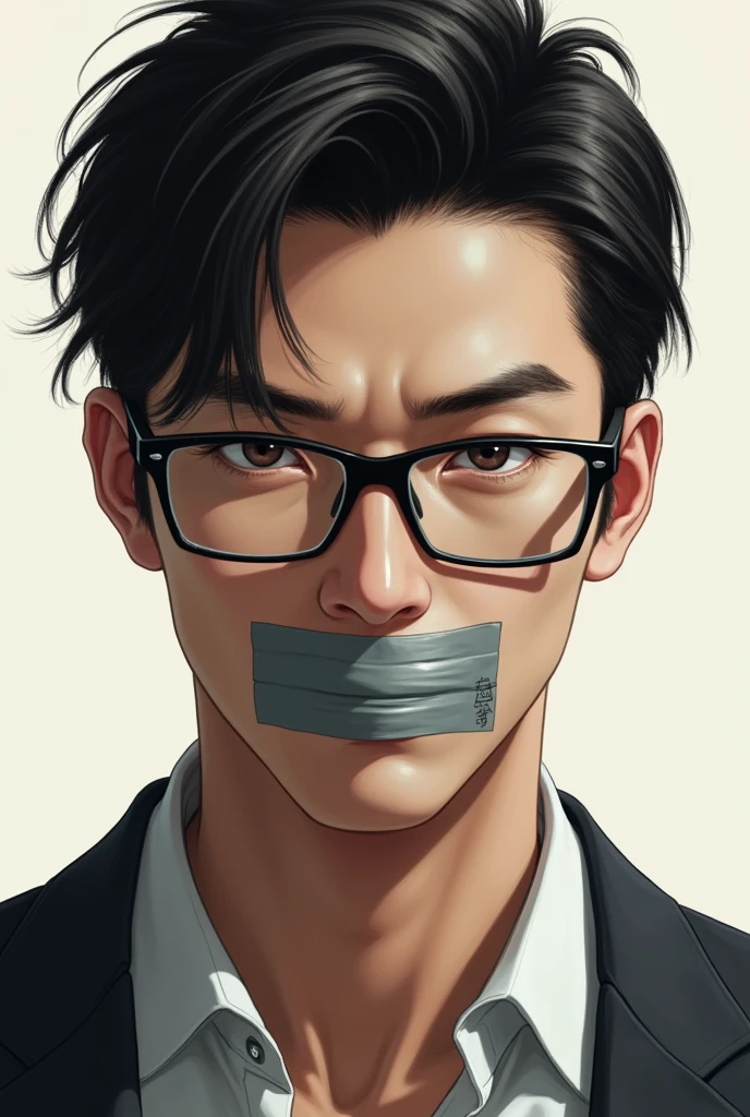 A handsome Japanese man with short hair wearing glasses with his mouth covered with duct tape