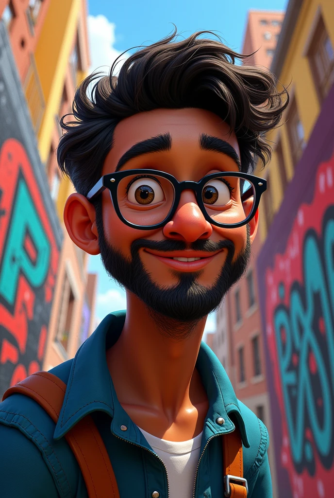 Create a Disney-style image with a man who has dark skin color, beard and glasses with an urban background with graffiti that has the title "At. Jorge Rincon"