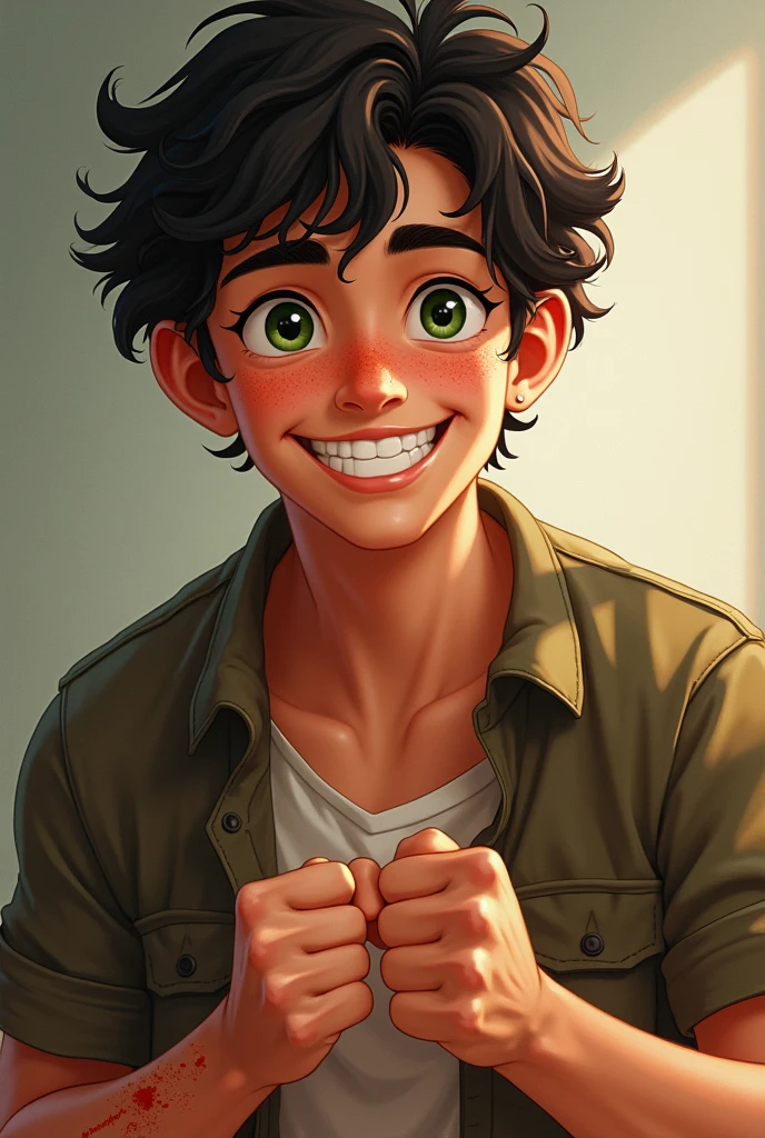 A young man with black curly hair, he has dark green eyes like moss, one with freckles on his nose and a smile on his face. Simple clothes, thrown together in a haphazard way. He doesn't have a lot of muscle, but he has a well-defined body with a height of 1,69 with scars on his fists