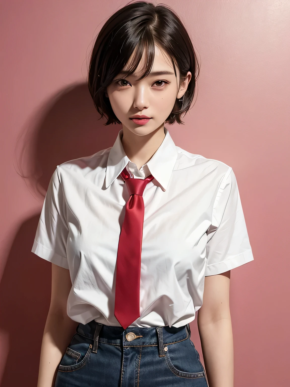 (Highest quality、8k、32K、masterpiece、Hmph:1.2)、(masterpiece, Highest quality), Realistic photos, high school girl、、sexy、Short Bob Cut、Instagram, Bright colors, High Dynamic Contrast, Slender figure、thin、Small, shapely breasts、One person, Purple eyes, Lips parted, blush, compensate, A light smile, Red tie、White short-sleeved shirt、sexy、Red exy、Sweat, Wet, light, Shine, Tight waist, (masterpiece), Pink Wallpaper,