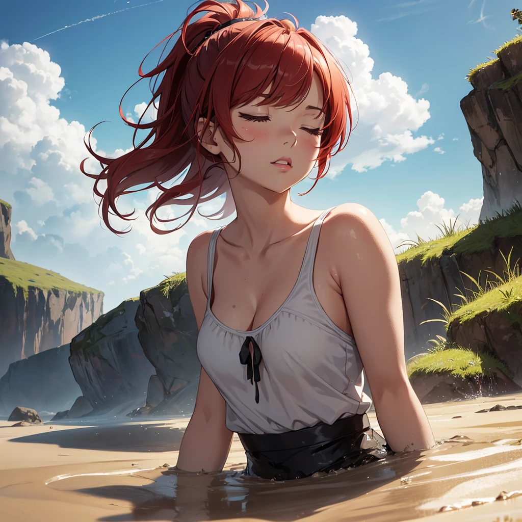 1girl, solo:1.5, masterpiece, best quality, high res, highly detailed, (illustration), beautiful detailed eyes, yuigahama yui, red hair ponytail, glossy lips, light makeup, orgasm, (looking up to the sky:1.5), intimate moment, cute tank top, visible thong underwear, cleavage, (quicksand:1.4), (from side:1.4), bog, swampy, grassy, (eyes closed:1.3), gasping