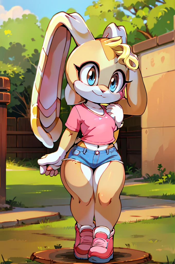 (masterpiece), ((perfect anatomy)), (high Res), (4k), ((((cream the rabbit)))), rabbit, ((blue eyes)), blonde hair, flat chest, wide hips, (((pink shirt))), (((jean mini shorts))), happy, (anime artstyle), (((solo))), narrow waist