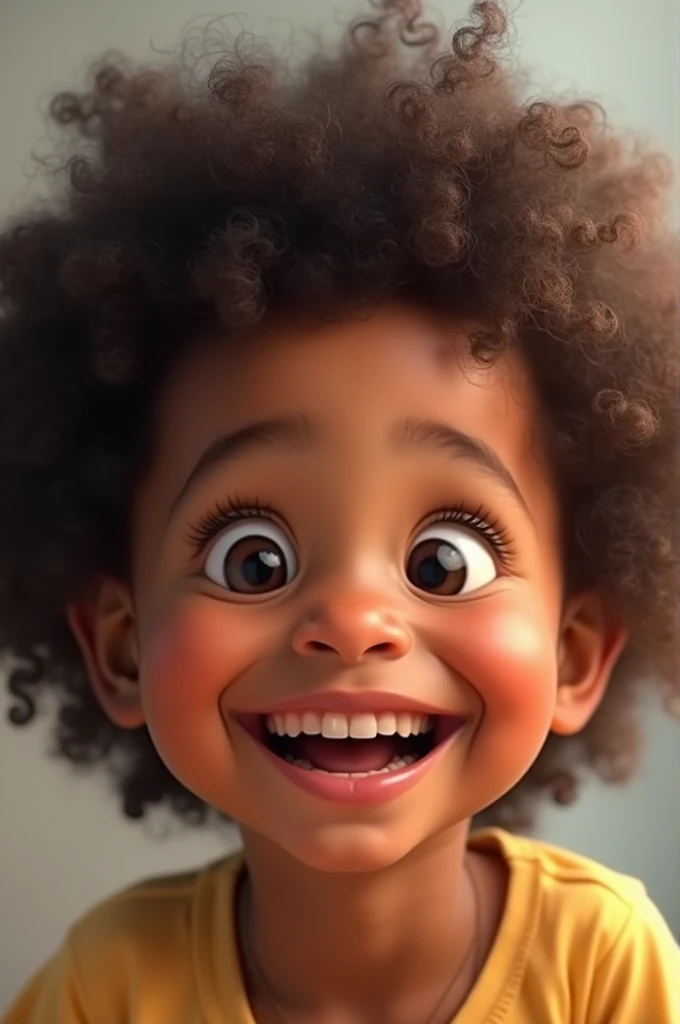 A curly-haired child with brown skin smiling 
