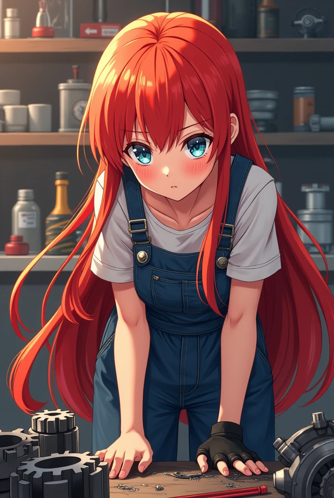 An anime girl with long red hair who is a gearhead