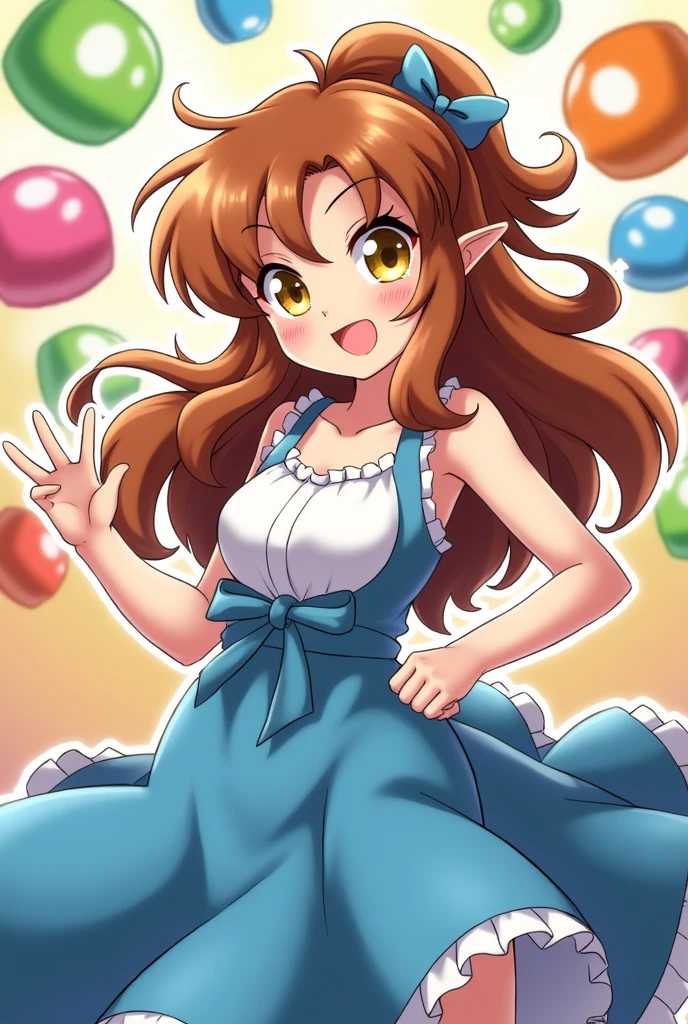 Please draw Arle from Puyo Puyo.Arles has brown hair in a half-up style with a small part tied back, yellow eyes, and wears a blue dress with a white tank top.Make me laugh.