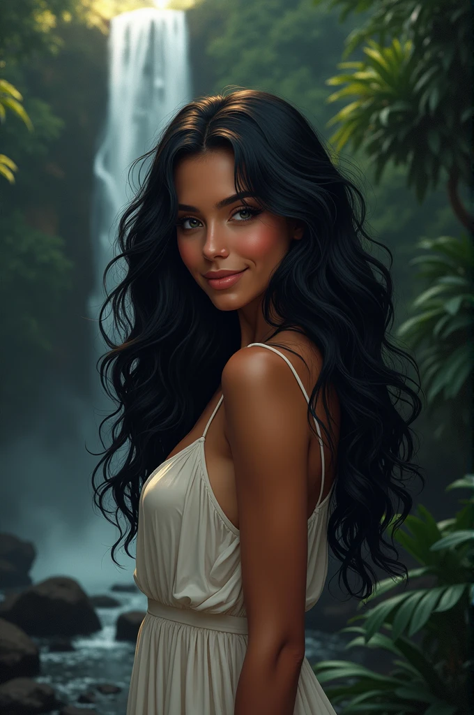 Generate an image of a woman with long, black churro hair, super white skin color and against the light,,honey colored eyes and fleshy lips and in the background having a jungle and a waterfall