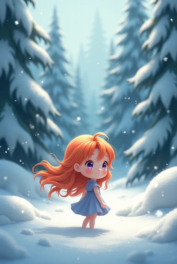 anime, Long hair, orange hair, small stature, purple eyes, snowy forest background