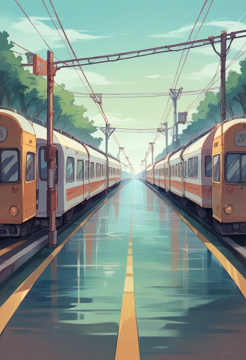 "A traditional vintage train traveling across an ocean, with its tracks made of light. Dolphins leap through the glowing tracks as the train glides smoothly above the water, with the sun setting in the background.
