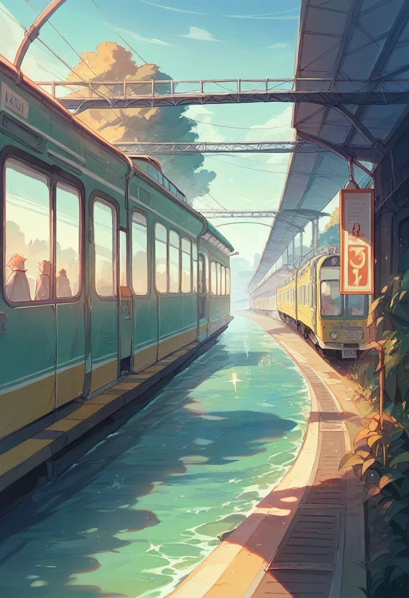  "A traditional vintage train traveling across an ocean, with its tracks made of light. Dolphins leap through the glowing tracks as the train glides smoothly above the water, with the sun setting in the background.