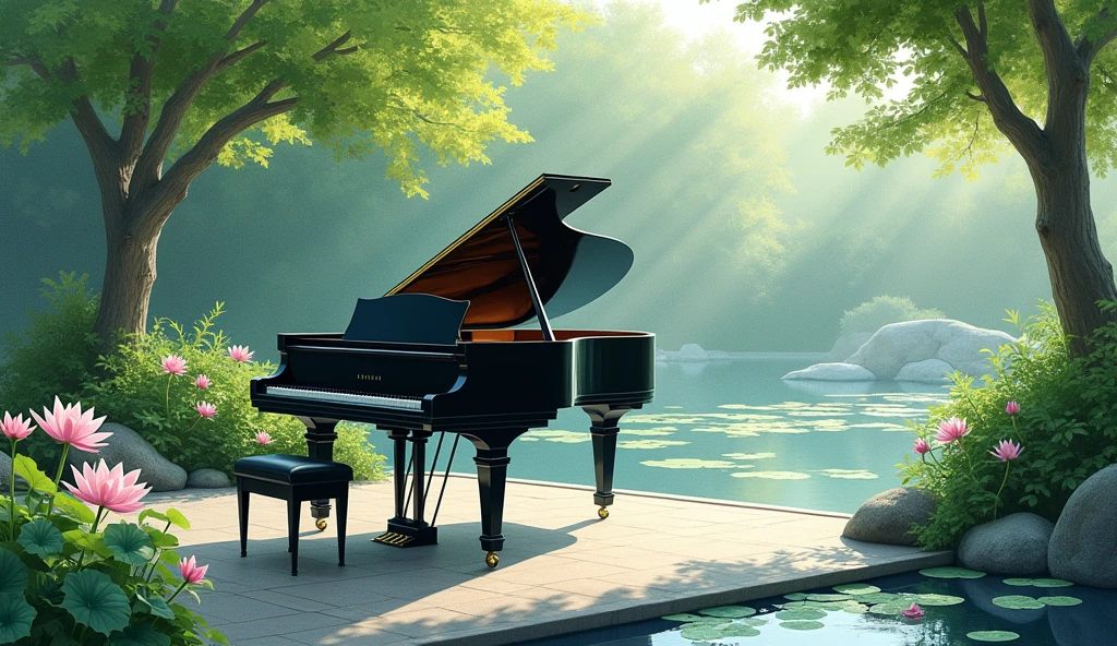 Black grand piano、The statue is placed in front of a pond with blooming water lilies.。Drawn in a realistic watercolor style throughout、There is a quiet atmosphere。The piano is surrounded by lush trees and bushes.、It depicts a corner of a beautiful garden with sunlight streaming in.。