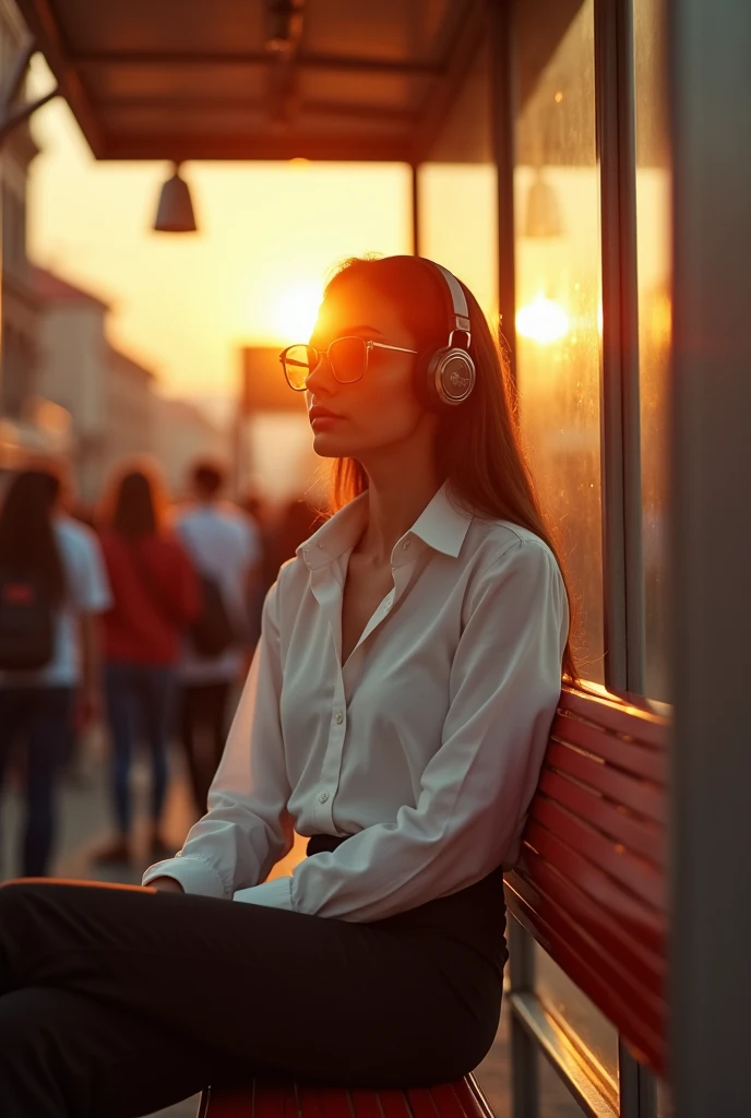 Very beautiful women sitting in bus shelter crowded people, wearing white shirt and black pants, sun glasses and headphones, full body picture, in the evening the sunset lights hit the women.