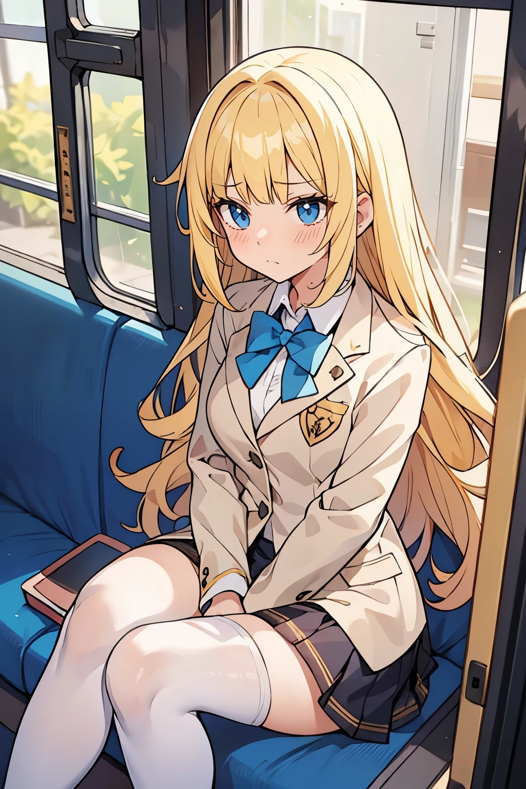 Young adult girl, best quality, 1 girl, female figure, yellow hair, blunt bangs, extra long hair, crystal blue eyes, golden blonde hair, cowboy shot, voluminous hair, wavy hair, cute girl, (medium small breasts), (young female body: 1.4) sitting crossed legs, crossed legs, embarrassed girl, looking from above, pressing legs together, humiliated expression , insecure, long sleeve school unifrom, blazer, sitting in a bus, crossed arms, white pantyhose