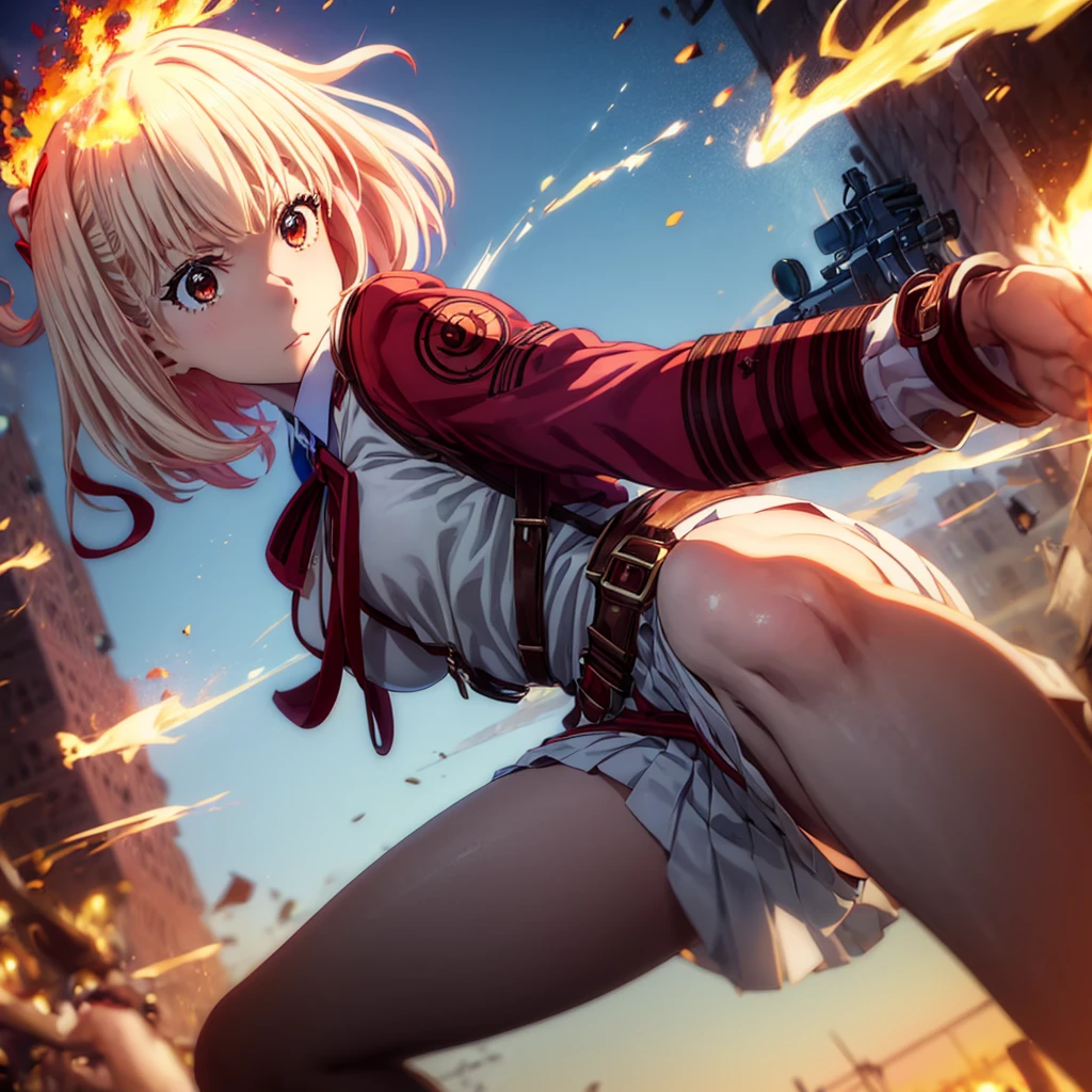 masterpiece, illustration, 8K, best quality, (((Chisato Nishikigi))),big breasts, ribbon,red_eyes,blond hair,short hair, hair _ribbon,, (lycoris uniform, two-tone dress, grey dress, pleated dress, belt, Red belt, neck ribbon, blue ribbon, long sleeves,) smile,bishoujo,beautiful detailed hair,beautiful detailed eyes,beautiful detailed skin,glistening shiny sparkling skin,4d cinema, unreal engine,depth of field, illustration,amazing、Girl shooting gun, (muzzle explodes), ((looks into sight)), closes one eye, finely drawn automatic rifle, bulletproof suit, (side view), syncs body orientation and gaze, one knee crouching, serious expression, tracer, (((burning city, war)))、(((crowd)))、(((jump)))