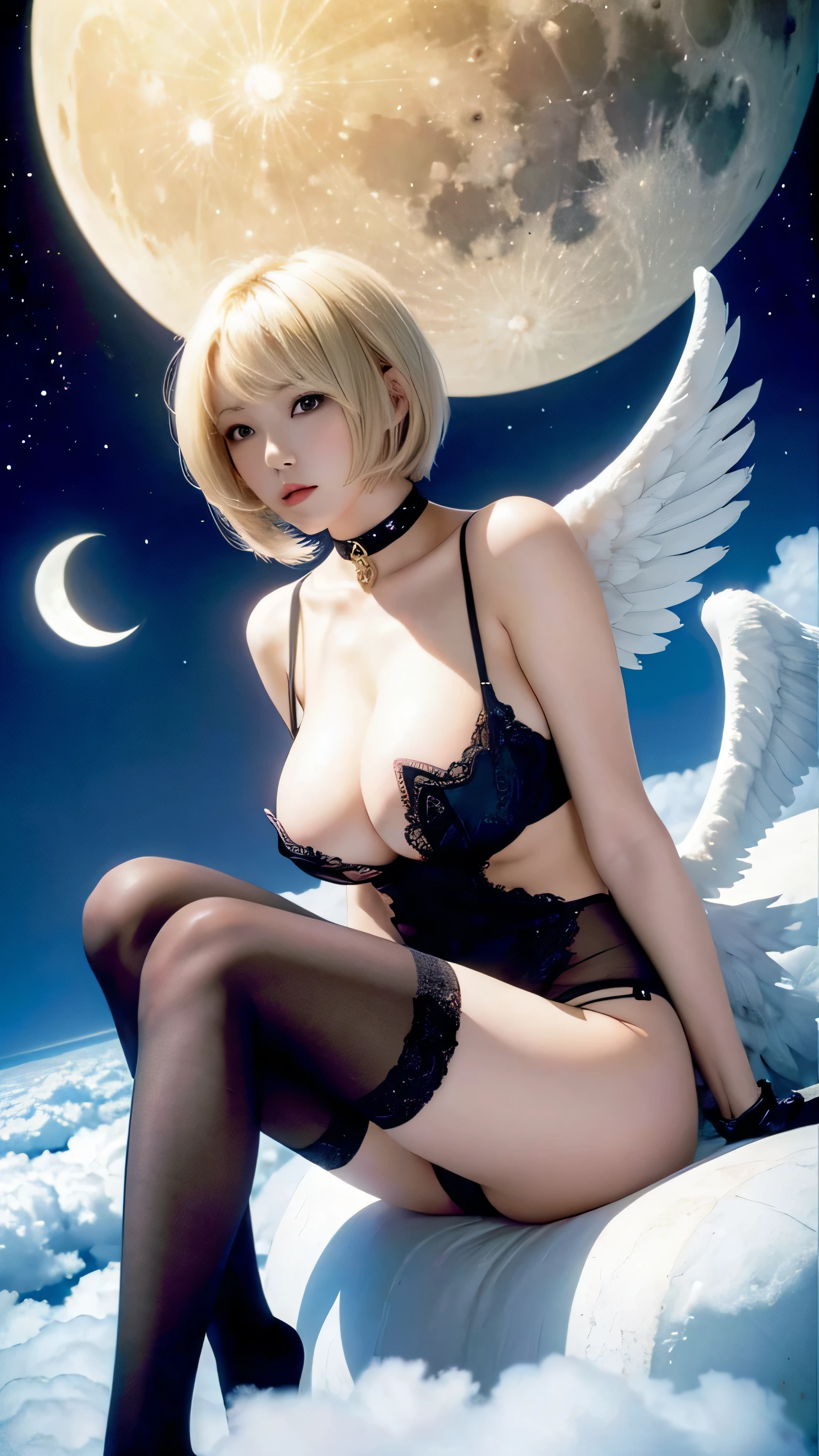 night、moon、Above the Clouds、Winged Angel、Big Tits、stockings、Blonde、Short Hair