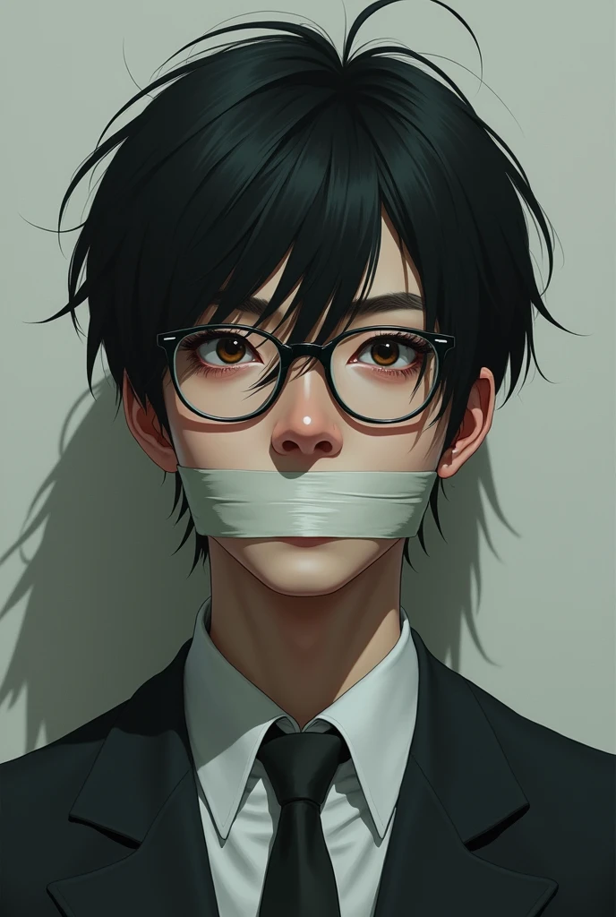 A man with glasses and his mouth taped shut, short-haired Japanese handsome man