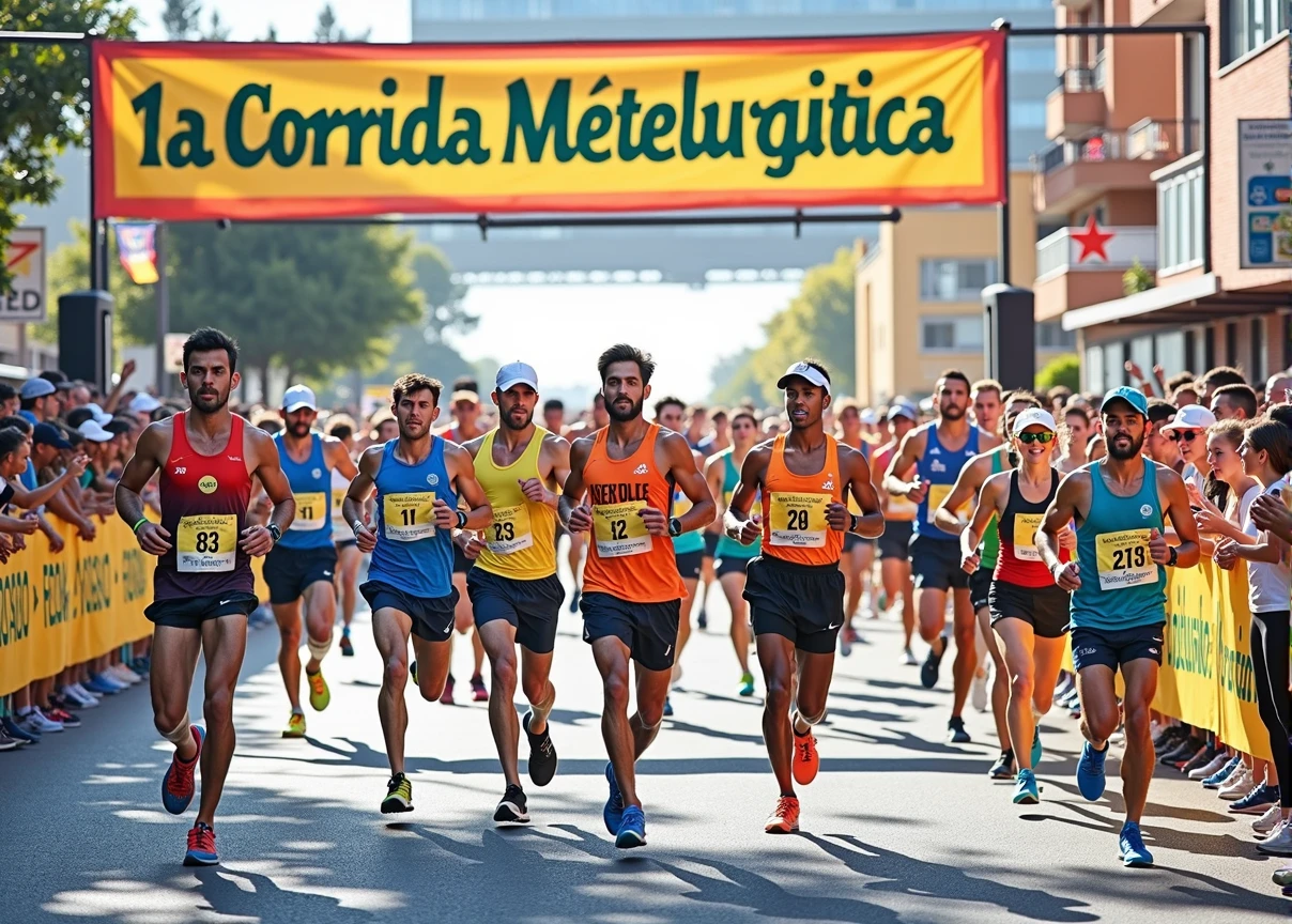 A high-quality photo of a large group of Brazilian people running in a marathon during the daytime. The runners, wearing a variety of colorful athletic gear, are in mid-stride, with expressions of focus and determination. sunlight dapples the ground, creating dynamic shadows. The scene is lively with spectators cheering from the sidelines, and the overall atmosphere is energetic and celebratory. Text written on banner "1ª Corrida Metelurgica"