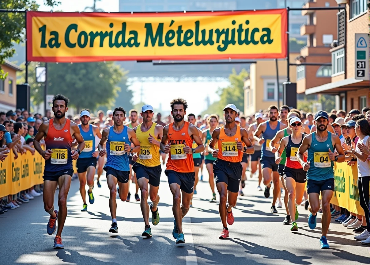 A high-quality photo of a large group of Brazilian people running in a marathon during the daytime. The runners, wearing a variety of colorful athletic gear, are in mid-stride, with expressions of focus and determination. sunlight dapples the ground, creating dynamic shadows. The scene is lively with spectators cheering from the sidelines, and the overall atmosphere is energetic and celebratory. Text written on banner "1ª Corrida Metelurgica"