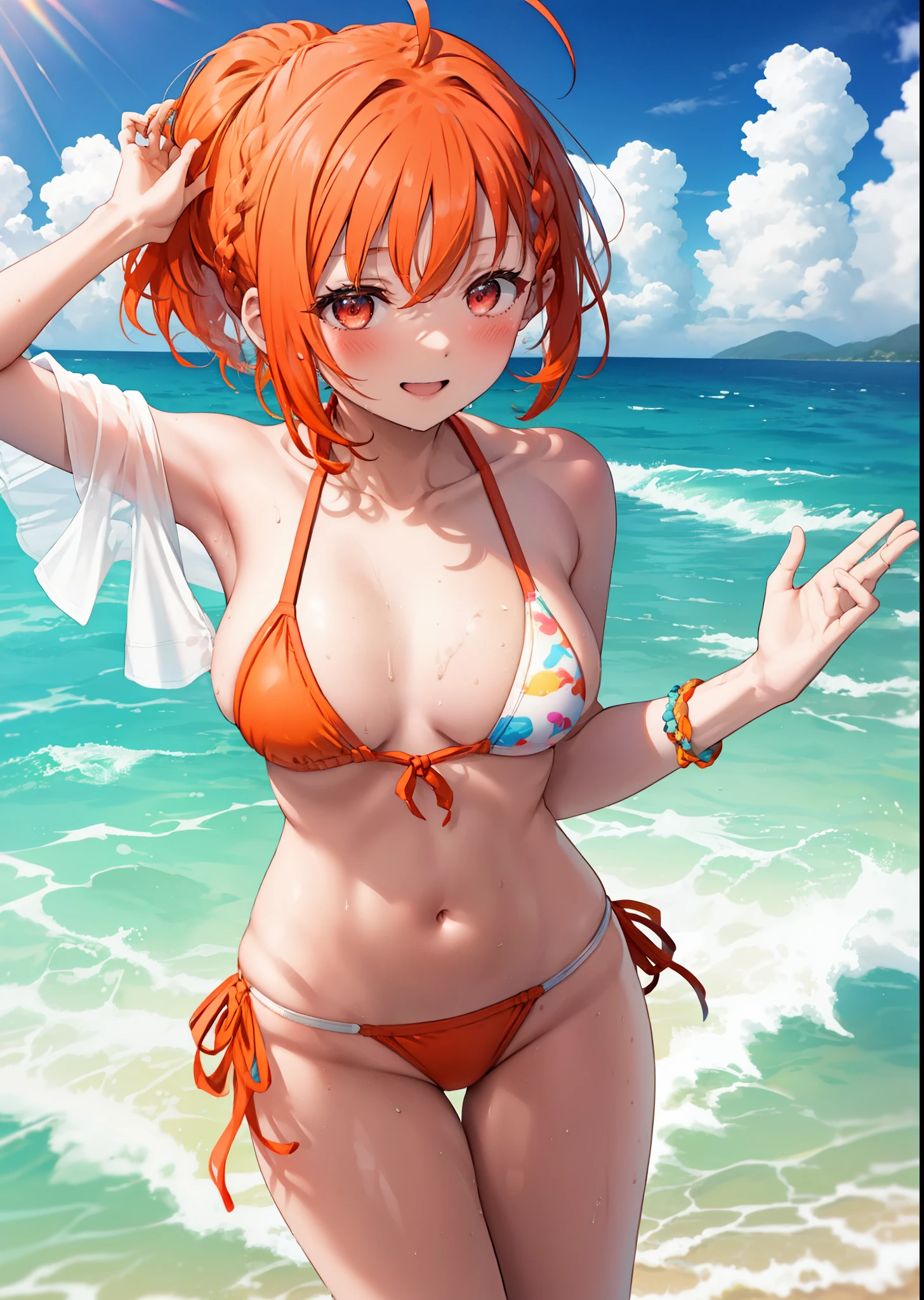 高Ocean千毛,Orange Hair,Red eyes,smile,blush,Open your mouth,Short Hair,Braid,Ahoge,ponytail,Red-orange bikini swimsuit,barefoot,Water Play,Wet swimsuit,Wet Hair,Wet Skin,True Summer,Clear skies,Daytime,whole bodyがイラストに入るように, break outdoors, Ocean,, break looking at viewer, whole body, (Cowboy Shot:1. 5) break (masterpiece:1.2), Highest quality, High resolution, unity 8k wallpaper, (shape:0.8), (Beautiful attention to detail:1.6), Highly detailed face, Perfect lighting, Highly detailed CG, (Perfect hands, Perfect Anatomy),