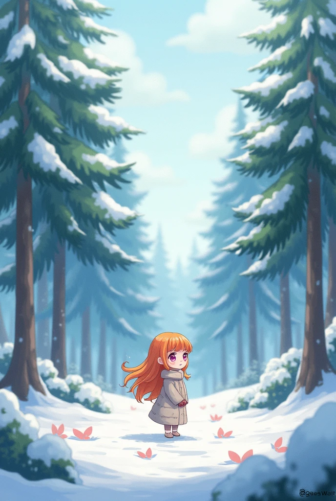 anime, Long hair, orange hair, small stature, purple eyes, snowy forest background