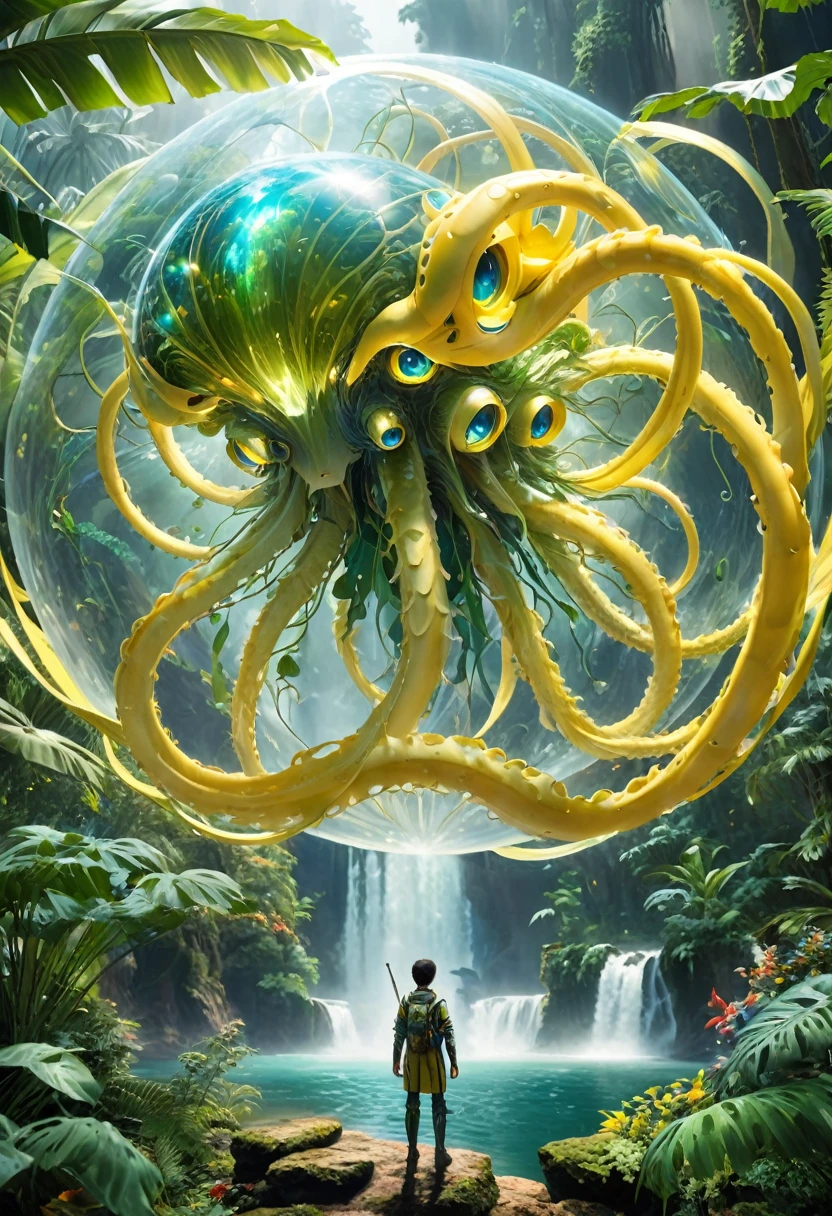 Make,technology, (best quality) (masterpiece), (Very detailed), game,4K,Official Art, 8k unit wallpapers, Extremely detailed, beautiful and aesthetic, masterpiece, best quality, Extremely detailed, Dynamic Angle, atmosphere, Full body shot,High Detail,Exquisite facial features,Futuristic,Science fiction,CG, Barinelta, Baringnonster,Mizu_Happy,Water Element,Cat, (穿背心的Cat:1.5), monsterA is very rich, Uninhibited scenes, a huge world view, planet, universe, world, Connected by a colorful ribbon, The source of the link is an old-fashioned, Exudes a lasting aura, Creatures are flying on ribbons, Dazzling, ((best quality)),((best quality)),((Realism x exterior landscape)),Photo-realistic,(masterpiece),pray,Very detailed,complex,Photo-like image quality,Most strikingly, Aliens have no eyes, But its tentacles have multiple yellow spheres as eyes. These spheres are scattered on the surface of the tentacles, Each sphere is like a biological entity,Has its own vitality and function. This special eye structure makes one wonder how aliens perceive their surroundings.
