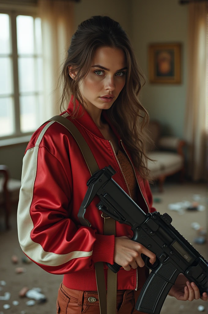 living room background, wasteland,, fragments, soft feminine red and white satin bomber jacket, woman holding rifle,fighting stance,almost perfect, pure form, intricate details, 8K post-production, high resolution, super detailed, Popular topics on Artstation, sharp focus, Studio photos, intricate details, Very detailed, author:Greg Rutkowsky