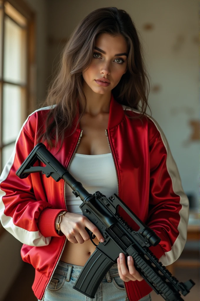 living room background, wasteland,, fragments, soft feminine red and white satin bomber jacket, woman holding rifle,fighting stance,almost perfect, pure form, intricate details, 8K post-production, high resolution, super detailed, Popular topics on Artstation, sharp focus, Studio photos, intricate details, Very detailed, author:Greg Rutkowsky