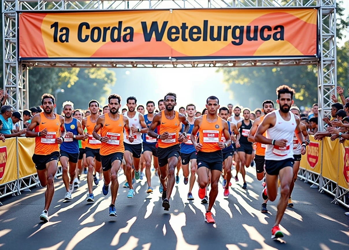 A high-quality photo of a large group of Brazilian people running in a marathon during the daytime. The runners, wearing a variety of colorful athletic gear, are in mid-stride, with expressions of focus and determination. sunlight dapples the ground, creating dynamic shadows. The scene is lively with spectators cheering from the sidelines, and the overall atmosphere is energetic and celebratory. Text written on banner "1ª Corrida Metelurgica"