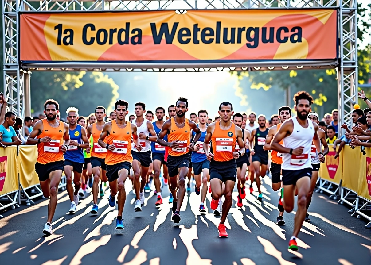 A high-quality photo of a large group of Brazilian people running in a marathon during the daytime. The runners, wearing a variety of colorful athletic gear, are in mid-stride, with expressions of focus and determination. sunlight dapples the ground, creating dynamic shadows. The scene is lively with spectators cheering from the sidelines, and the overall atmosphere is energetic and celebratory. Text written on banner "1ª Corrida Metelurgica"