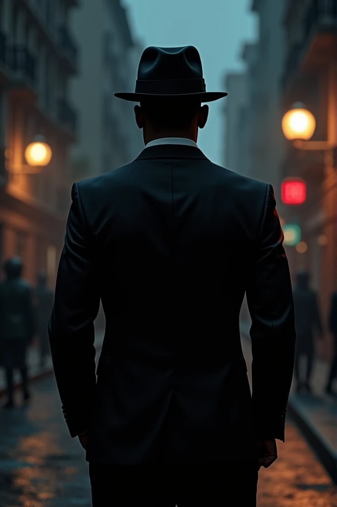 create a black guy with a hat and a black suit with red details. Make him turn his back and stay behind a street at night, with a sense of mystery