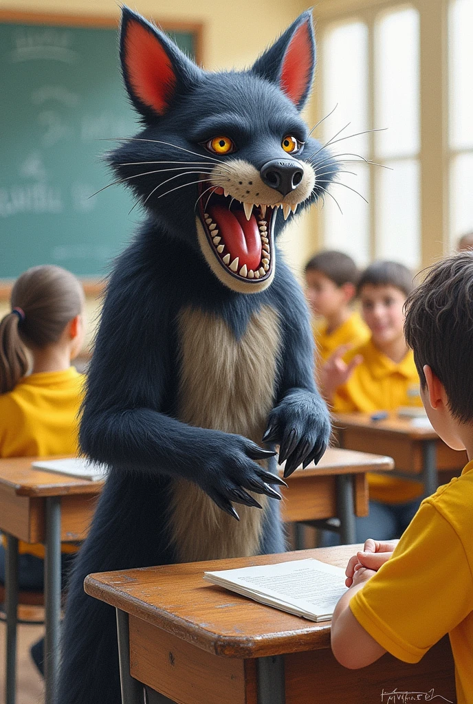 Create a colored pencil drawing of the Tasmanian Devil in a classroom talking to students wearing yellow shirts. 
